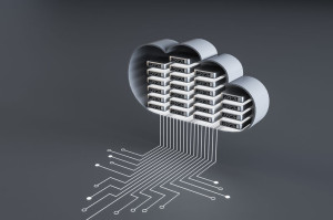 Abstract server room circuit cloud on gray background. Data storage and database concept. 3D Rendering.